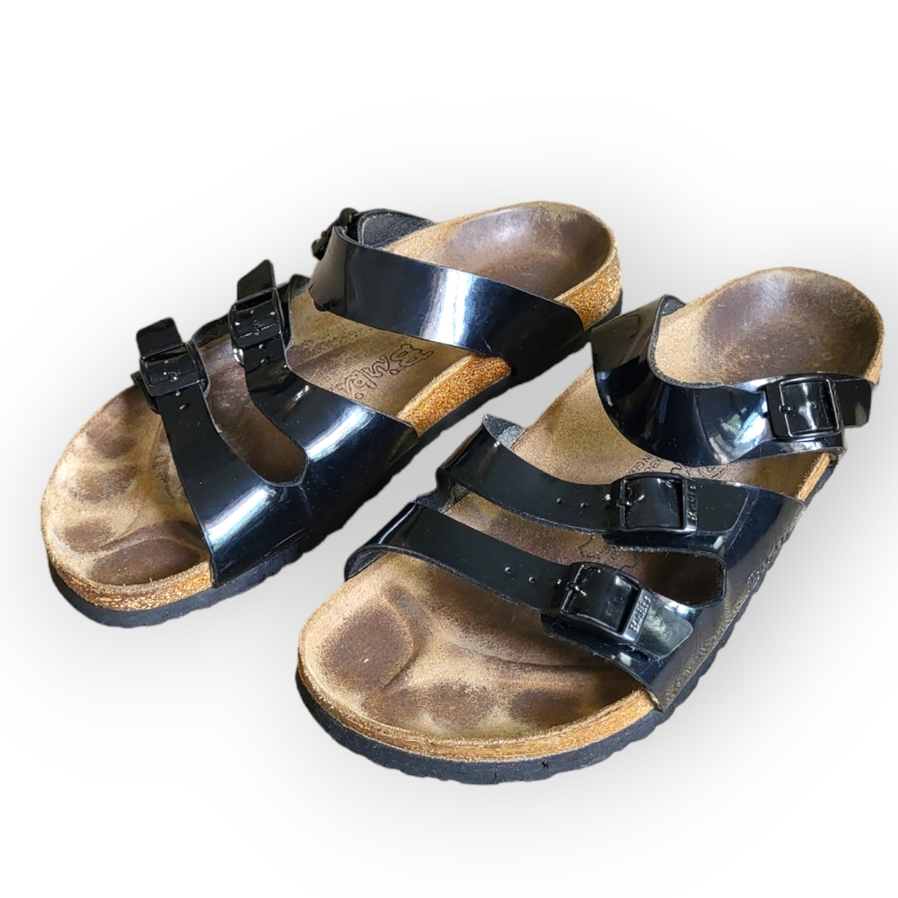 BIRKENSTOCK Birki's Black Patent Leather 3 Strap Sandals W 10 / M 8